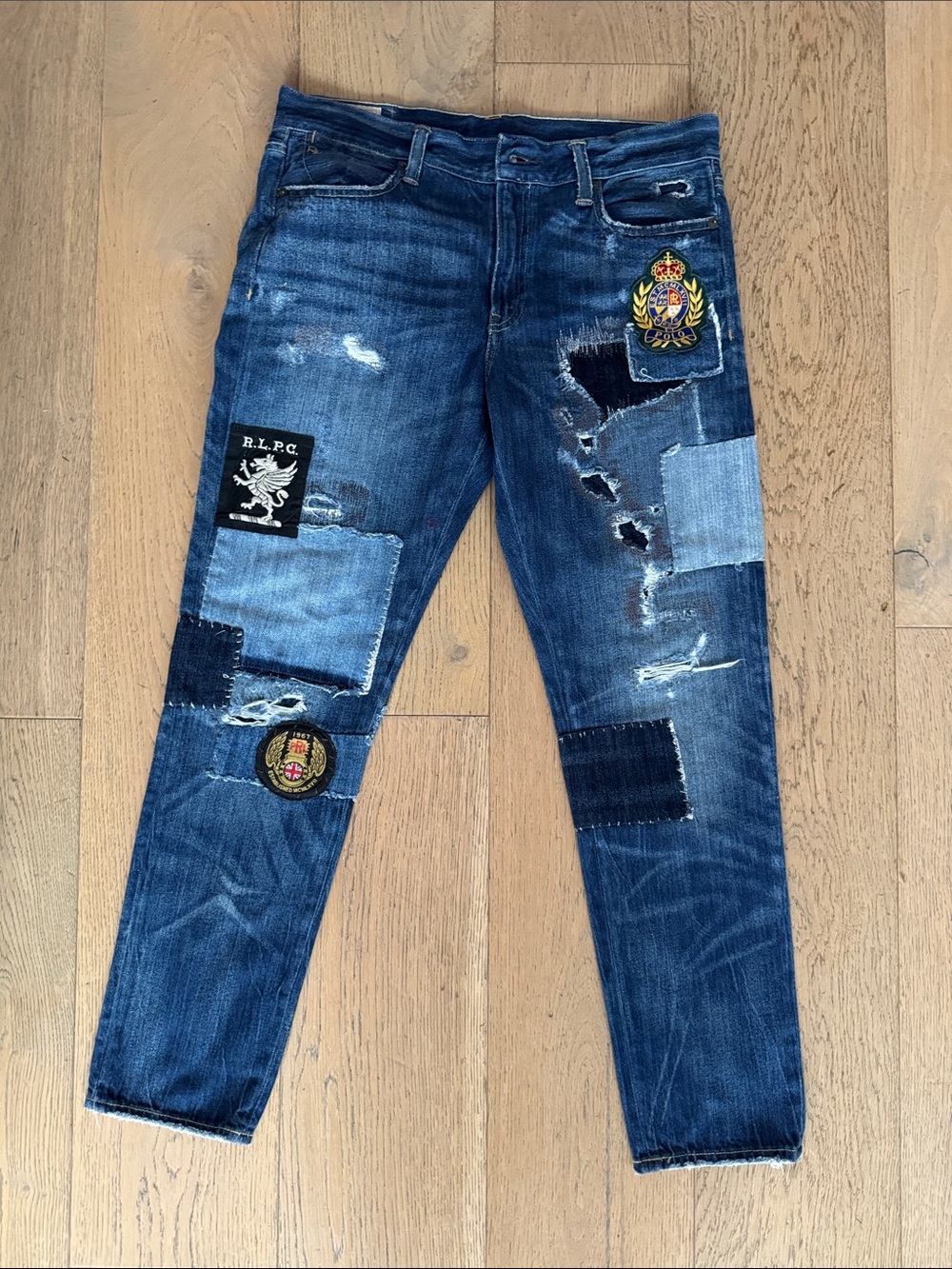 Polo Ralph Lauren patchwork denim boyfriend jeans embroidered crest patches